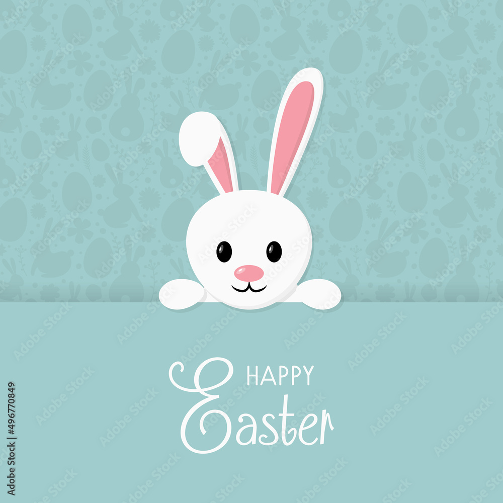 Fototapeta premium Happy Easter. Cute bunny on blue background with pattern. Vector
