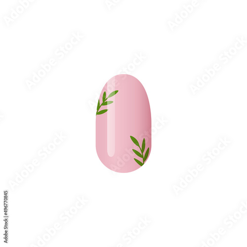 Nail manicure with leaves on pink base realistic vector illustration isolated.
