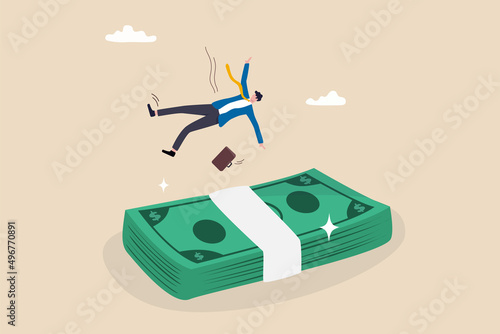 Insurance, reserve money or emergency fund on business failure, mistake or accident, compensation or money support and cushion concept, fail businessman falling on huge money banknotes safety cushion.