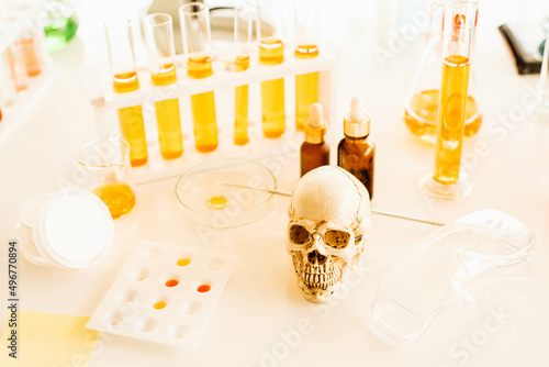 Noxious additives in cosmetics and  medicine. Equipment and science experiments, Formulating the chemical for cosmetic and  medicine laboratory research and development. photo