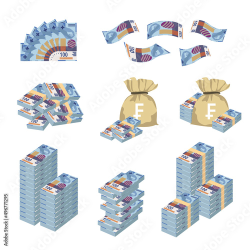 Swiss Franc Vector Illustration. Switzerland, Liechtenstein money set bundle banknotes. Bundle with cash bills. Deposit, wealth, accumulation and inheritance. Falling money 100 fr