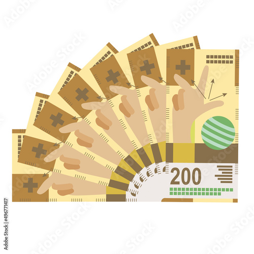 Swiss Franc Vector Illustration. Switzerland, Liechtenstein money set bundle banknotes. Paper money 200 fr. Flat style. Isolated on white background. Simple minimal design.