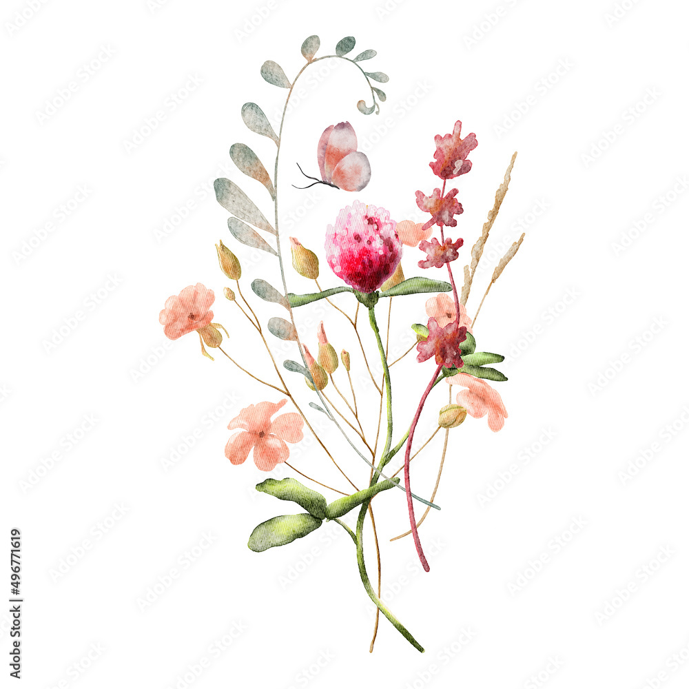 Wild flowers watercolor bouquet botanical hand drawn illustration Wild flowers watercolor bouquet botanical hand drawn illustration