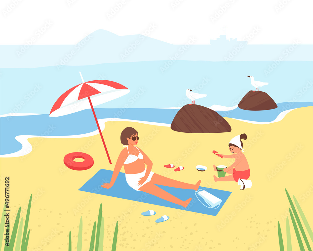 Mom and daughter are relaxing on the beach. A child plays with sea sand. A woman in glasses under a beach umbrella is relaxing on the beach. Sea gulls sit on the cobblestones. flat vector illustration