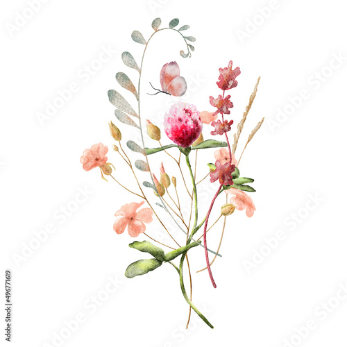 Wild flowers watercolor bouquet botanical hand drawn illustration