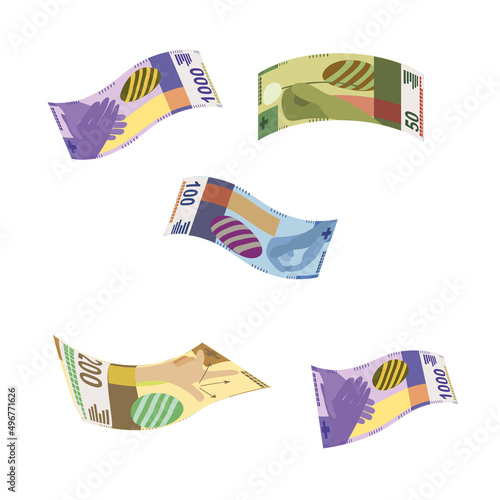Swiss Franc Vector Illustration. Switzerland, Liechtenstein money set bundle banknotes. Falling, flying money 50, 100, 200, 1000 fr. Flat style. Isolated on white background. Simple minimal design.