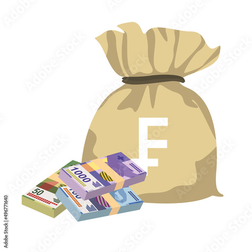 Swiss Franc Vector Illustration. Switzerland, Liechtenstein money set bundle banknotes. Money bag 50, 100, 1000 fr. Flat style. Isolated on white background. Simple minimal design.