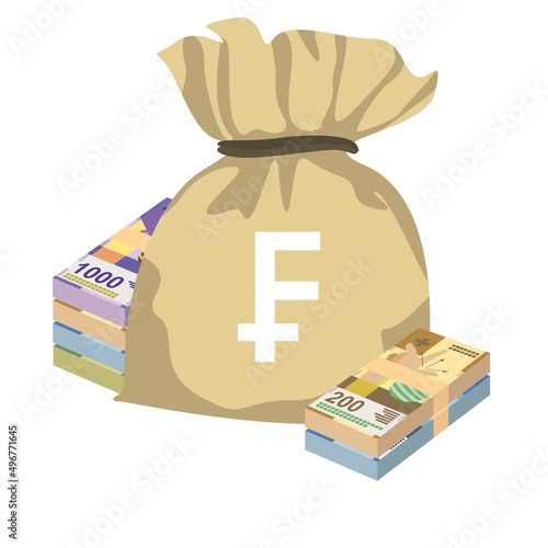 Swiss Franc Vector Illustration. Switzerland, Liechtenstein money set bundle banknotes. Money bag 50, 100, 200, 1000 fr. Flat style. Isolated on white background. Simple minimal design.