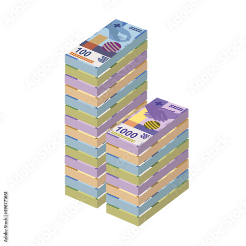 Swiss Franc Vector Illustration. Switzerland, Liechtenstein money set bundle banknotes. Paper money 50, 100, 200, 1000 fr. Flat style. Isolated on white background. Simple minimal design.