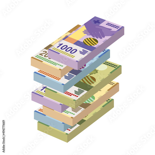 Swiss Franc Vector Illustration. Switzerland, Liechtenstein money set bundle banknotes. Paper money 50, 100, 200, 1000 fr. Flat style. Isolated on white background. Simple minimal design.