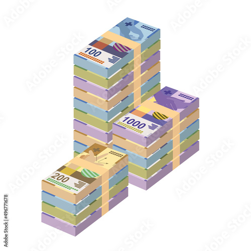 Swiss Franc Vector Illustration. Switzerland, Liechtenstein money set bundle banknotes. Paper money 50, 100, 200, 1000 fr. Flat style. Isolated on white background. Simple minimal design.