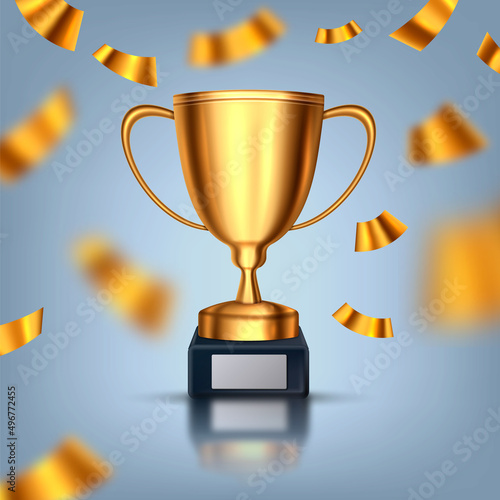 Realistick trophy cup. Champion trophy. Shiny golden cup and falling confetti, sport award. Winner prize. Vector illustration.