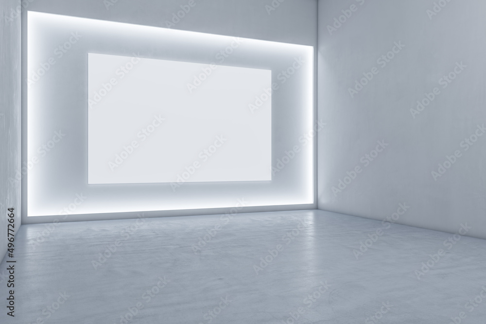 Clean exhibition hall interior with illuminated white mock up wall and concrete floor. 3D Rendering. Clean exhibition hall interior with illuminated white mock up wall and concrete floor. 3D Rendering.