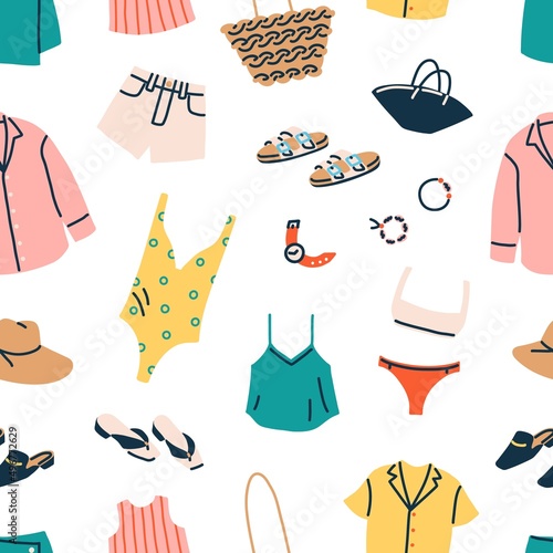Seamless pattern with women summer clothing. Endless background with beach garments, fashion accessories for travel. Repeating print with swimsuits, bikini, bag, hat. Flat graphic vector illustration