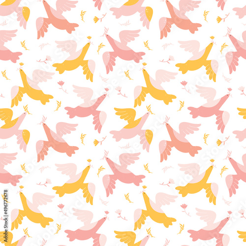 Spring seamless pattern with flying birds on a white background. Pink and yellow birds with flowers and olive branches in their beaks. Design in pastel colors for textiles  print  wallpaper