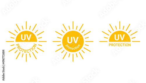 Yellow sun with inscription uv protection icon, sunblock from sunshine and solar burn. Circle full sun and sunlight. Hot solar energy for tan. Vector sign