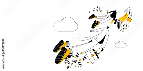 Businessmen with briefcases in a business suit fly away into the distance like migratory birds. Vector two-color illustration. Horizontal banner template. photo