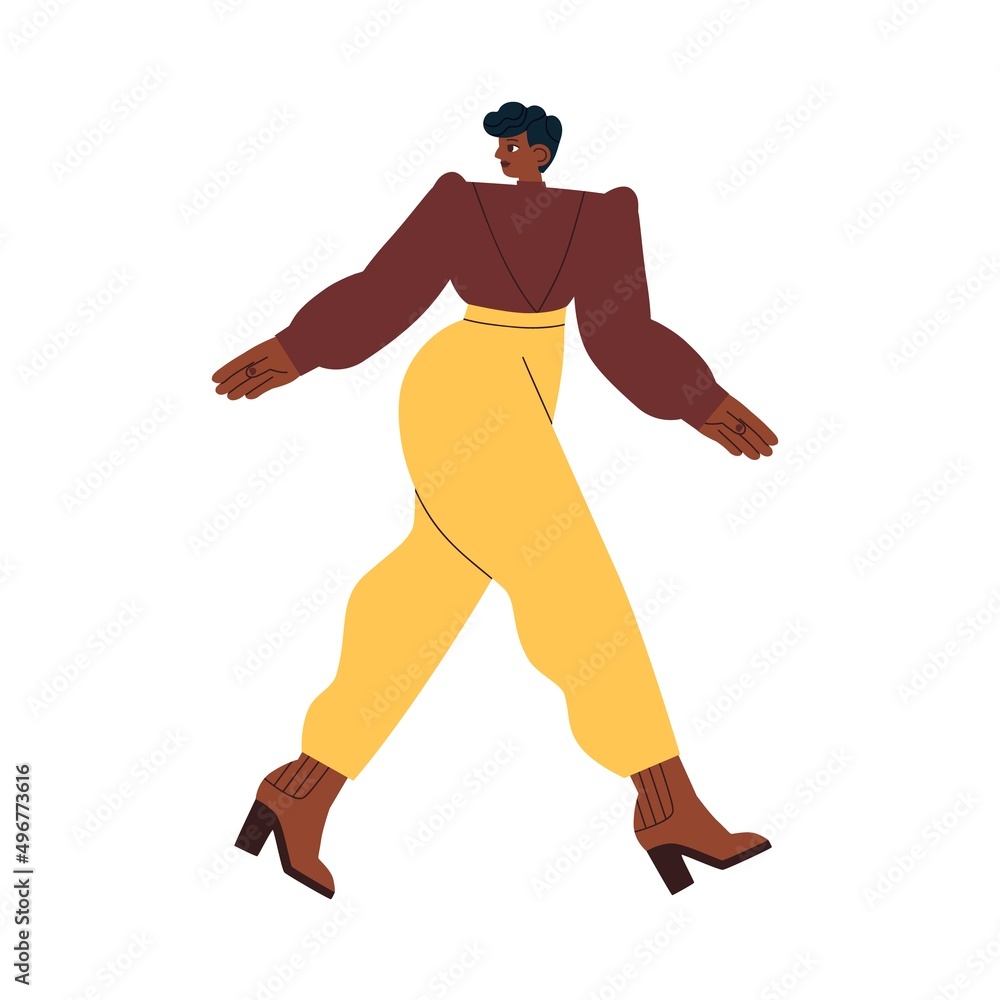 Modern black woman walking in fashion outfit, wearing elegant blouse and trousers pants. Stylish female going in fashionable clothes. Flat graphic vector illustration isolated on white background Modern black woman walking in fashion outfit, wearing elegant blouse and trousers pants. Stylish female going in fashionable clothes. Flat graphic vector illustration isolated on white background