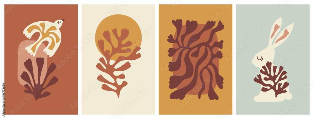 Fototapeta premium Modern wall art print set. Abstract leaves and shapes in Nordic Scandinavian style. Hand drawn greeting card or poster design