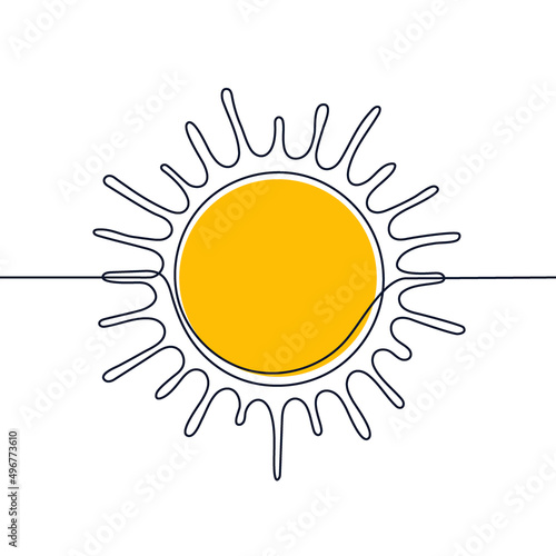 Yellow sun one black continuous line, light rays outline. One line drawing. Circle full sun and sunlight. Hot solar energy for tan. Vector art illustration