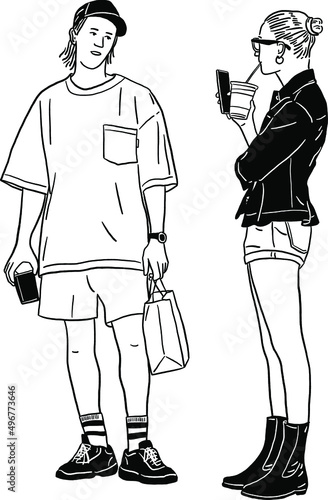 Man and woman Young People hangout lifestyle Hand drawn Line art Illustration