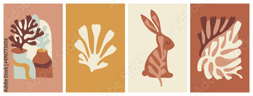 Modern wall art print set. Abstract leaves and shapes in Nordic Scandinavian style. Hand drawn greeting card or poster design