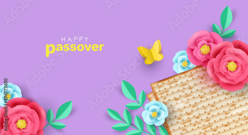 Jewish holiday Passover modern banner design with matzah and paper art flowers. Modern holiday template for web banner, greeting card, advertising sale poster