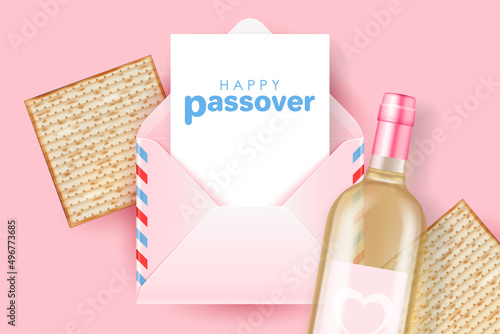 Passover holiday concept with envelope, matzah and wine bottle. Modern holiday template for web banner, greeting card, advertising sale poster