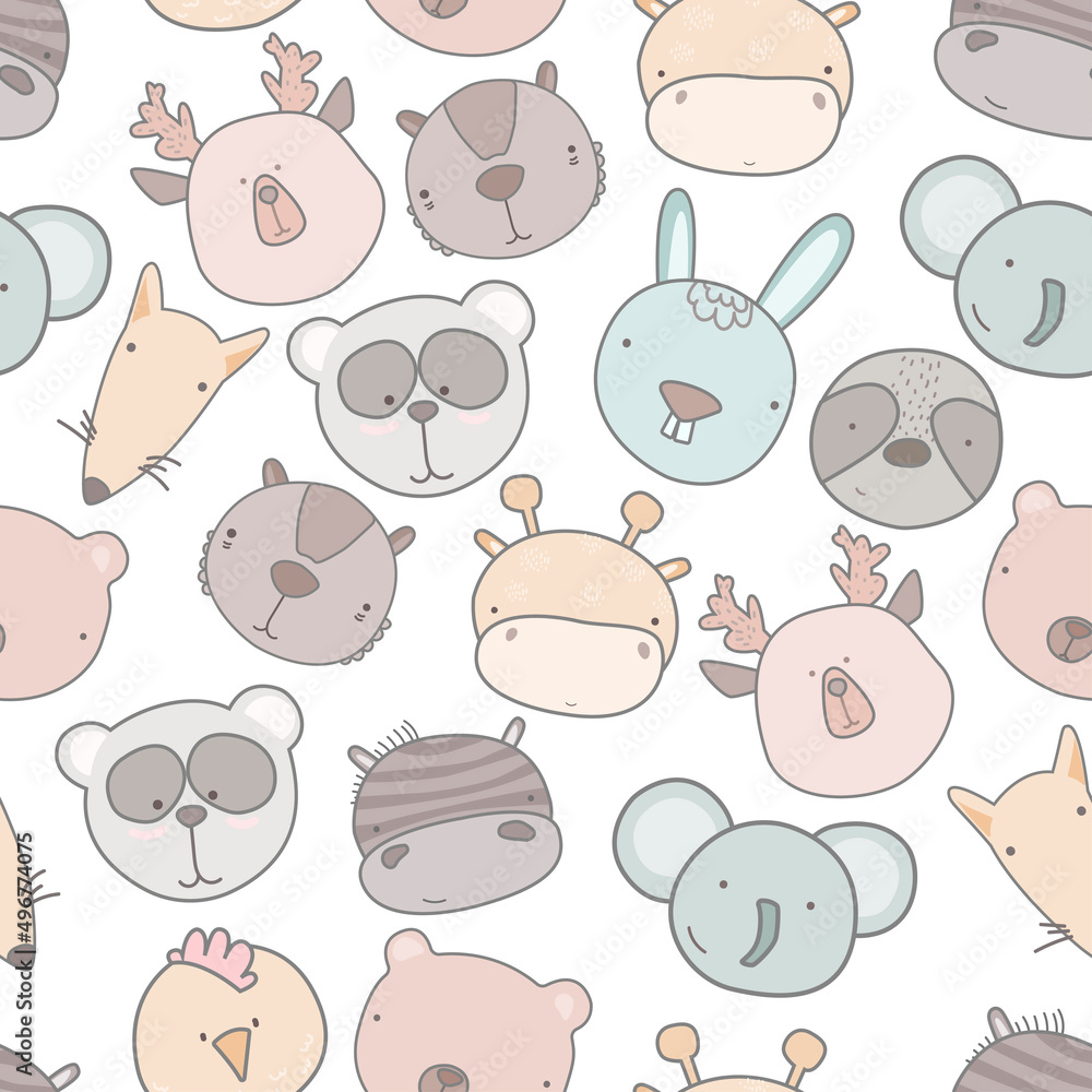 Child seamless pattern with hand drawn animals. Seamless background with funny animals head. baby style great for fabric and textile, wallpapers