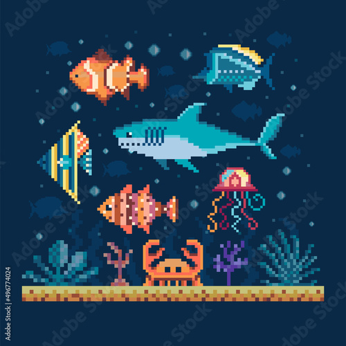 Pixel Art Fishes on Seabed Underwater Landscape