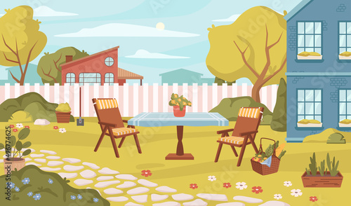 Backyard with table and fence, furniture and basket for eating outside. Vector flat style exterior and landscape, trees and bushes, flowers in blossom and bloom. Spring season background