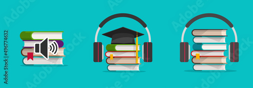 Audio book vector icon or audiobook library bookstore logo concept flat design with headphones headset illustration, idea of voice e-book podcast listening app set or radio learning graphic