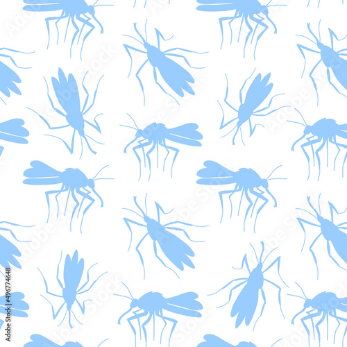 Vector seamless pattern of blue mosquitoes, moths, midges in flat style. Simple light background, texture with insects, bloodsuckers, pests