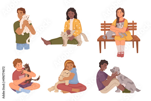 Boys and girls hugging and cuddling pets, children taking care of dogs and cats. Vector flat cartoon characters, kids with domestic animals, true friendship. Teenagers with kittens and puppies