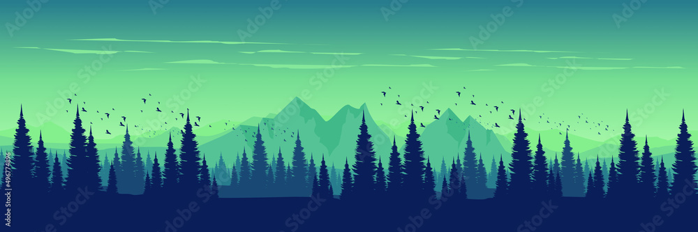 sunset landscape with forest silhouette flat design vector illustration  good for wallpaper, background, backdrop, banner, web, and design template  Stock Vector | Adobe Stock