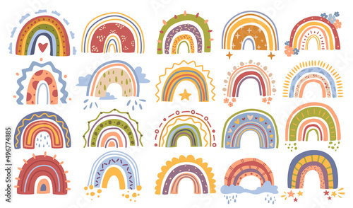 Rainbows cartoon set, childlike drawings with clouds, rain and stars. Vector in flat style, heart and flower in blossom, blooming and flourishing of plants, bright sun and rain, rainy weather