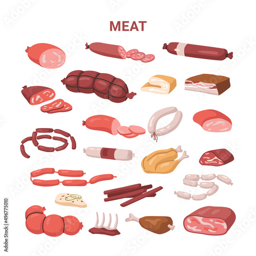 Meat and sausages, butchery products cartoon set. Vector in flat style, poultry and pork fat, poultry chicken grilled wings, beef and mutton. Ribs and salami, pork and bacon, ham and turkey chicken