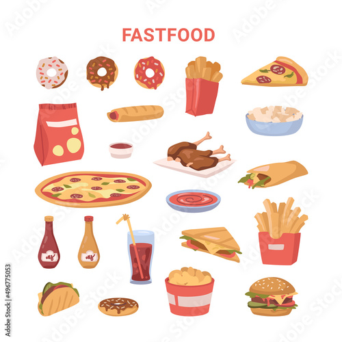 Fastfood dishes and meal products variety. Vector in flat style, donuts with chocolate glazing, french fries and pizza slice. Hot dog and burrito, soda sweet beverage and burger with chicken