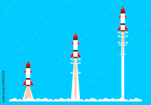 Rocket spaceship or missile launch takeoff different on blue sky background flat vector design.