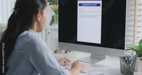Great resignation Good talent leave toxic workplace office finding new career. Young adult asia woman staff sad burnout stress tired bored sitting at desk remote work at home workforce crisis issue.