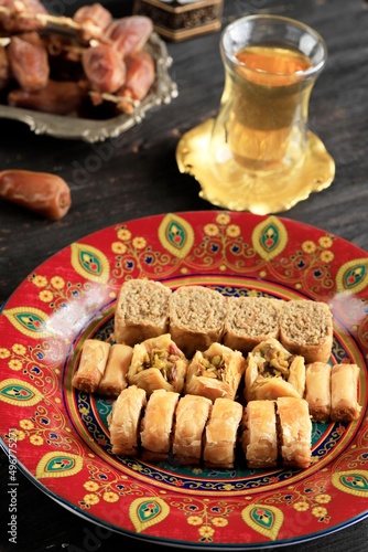 Turkish Sweet Delight Mini Baklava with Pistachio, Ramadan and Eid Mubarak Concept