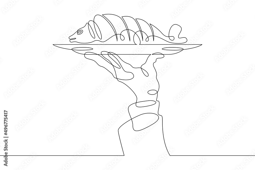 Sliced hot fish. Fish dish.One continuous line drawing.The waiter ...