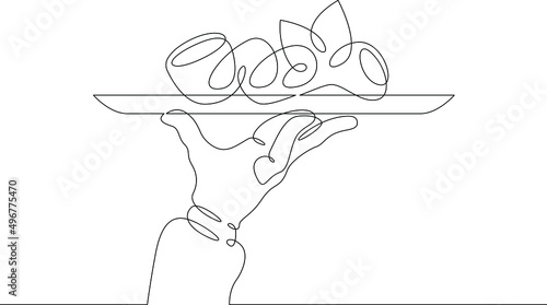 Fruit dish. Vegetable salad.One continuous line drawing.The waiter carries food on a tray. Food in a restaurant. A hand holds a tray. Line Art isolated white background.