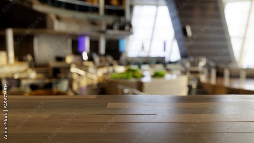 Fototapeta premium Empty wood table in a large restaurant mock up, blurred background