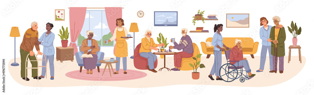 Senior people in nursing home, elderly men and women spending time in common space. Vector flat cartoon character, grandfather and grandmother playing chess, walking and reading books