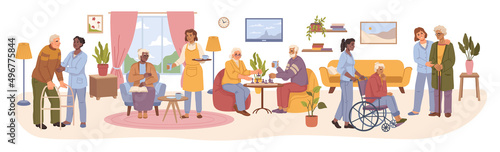 Senior people in nursing home, elderly men and women spending time in common space. Vector flat cartoon character, grandfather and grandmother playing chess, walking and reading books