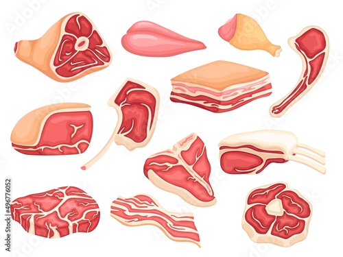 Meat products. Raw lamb sliced, pork belly stake. Ham and chicken parts. Cutting meats and birds. Gourmet food elements, fresh market neat vector set