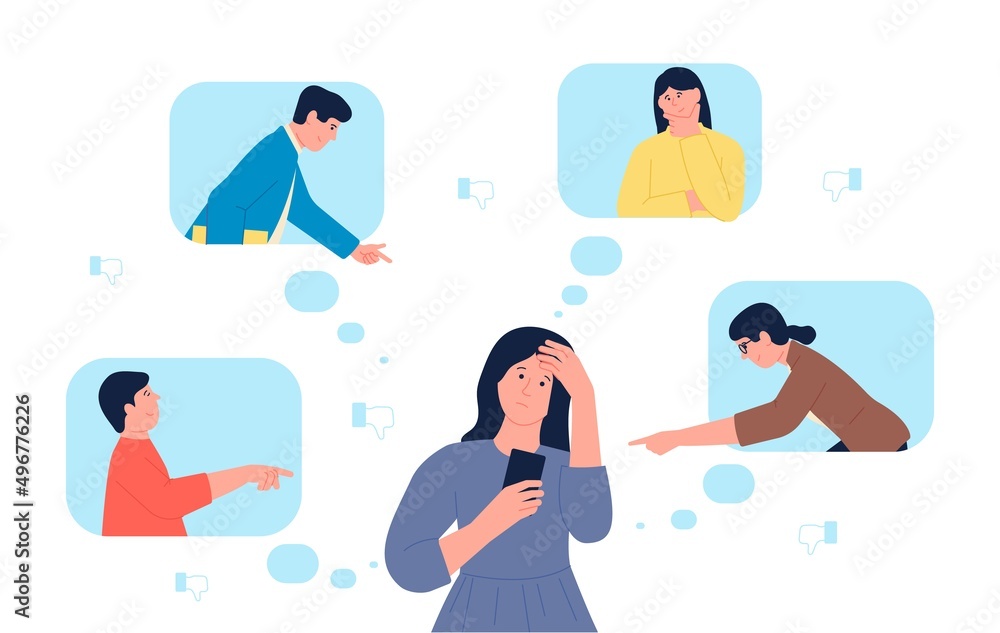 Bullying problem. Trolls, depressed insulted man and bullied people. Negative colleagues, social harassment and mockery, recent vector scene Bullying problem. Trolls, depressed insulted man and bullied people. Negative colleagues, social harassment and mockery, recent vector scene