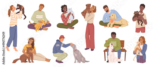 Men and women caring for pets, isolated male and female personage cuddling cats and dogs. Vector flat cartoon characters spending time with canine and feline animals, cheerful people
