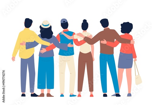 Friends hugging. Love bonds, backside view people hug together. Celebrating or greetings group, empathy friendship and support, recent vector concept